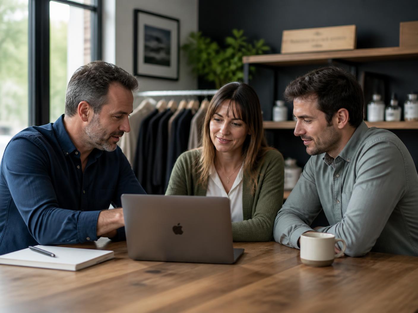 A consultant reviewing security and AI plans on a laptop with two business owners